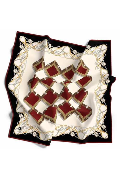 Twill Kemer Ve Zincir Desenli Bordo Renkli 90x90 Eşarp (İpek İçermez) Kenar Dikiş Şekli El Dikişli