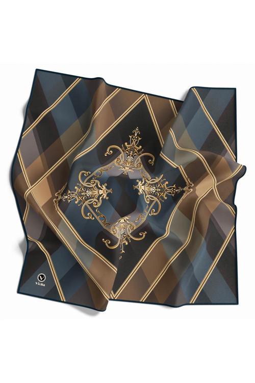 Twill Ekoseli Barok Desenli İndigo - Bej Renkli 90x90 Eşarp (İpek İçermez) Kenar Dikiş Şekli El Dikişli
