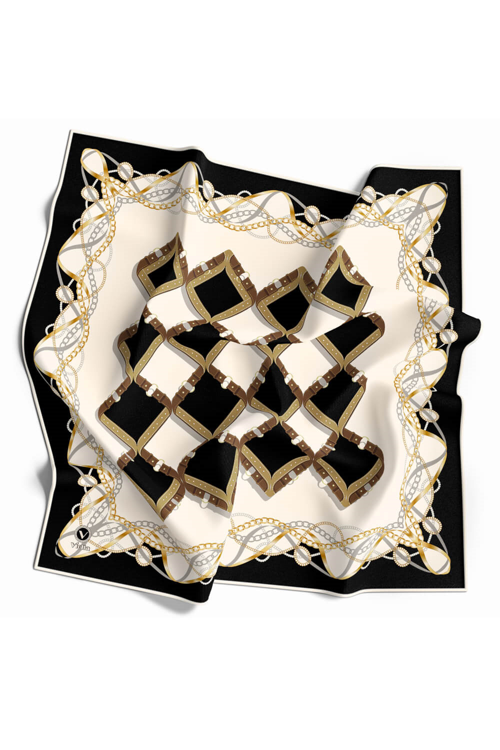 Twill Kemer Ve Zincir Desenli Siyah Renkli 90x90 Eşarp (İpek İçermez) Kenar Dikiş Şekli El Dikişli