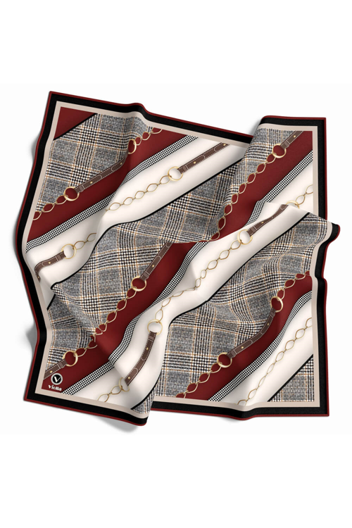 Twill Kemer Desenli Bordo Renkli 90x90 Eşarp (İpek İçermez) Kenar Dikiş Şekli El Dikişli