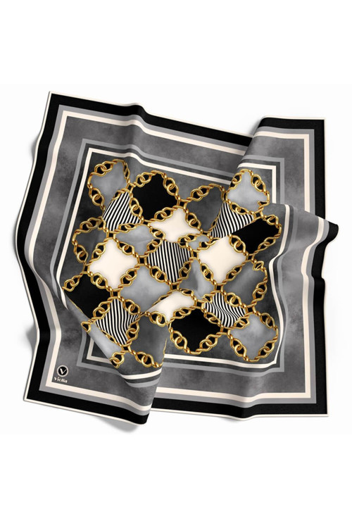 Twill Zincirli Geometrik Desenli Gri Renkli 90x90 Eşarp (İpek İçermez) Dikim Şekli : El Dikişi