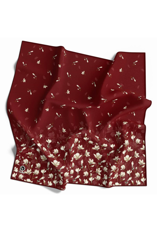 Twill Çıtır Çiçek Desenli Bordo Renkli 90x90 Eşarp (İpek İçermez) Kenar Dikiş Şekli El Dikişli
