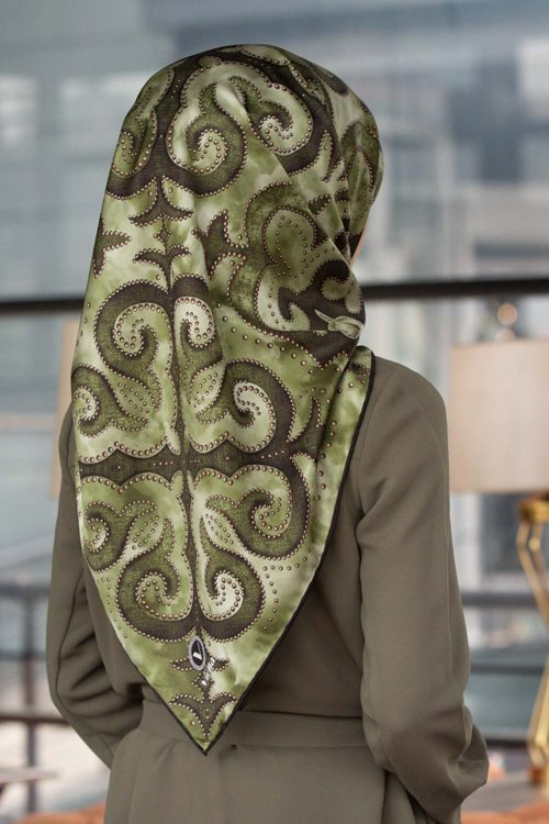 Twill Barok Desenli Haki Renkli 90x90 Eşarp (İpek İçermez) Kenar Dikiş Şekli El Dikişli