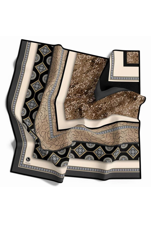 Twill Leopar ve Barok Desenli Gri Renkli 90x90 Eşarp (İpek İçermez) Dikim Şekli : El Dikişi