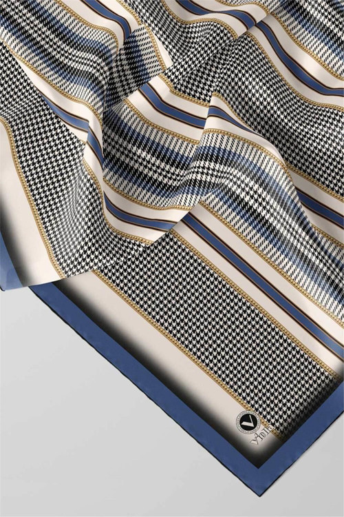 Twill Kazayaklı Şerit Desenli İndigo Renkli 90x90 Eşarp (İpek İçermez) Kenar Dikiş Şekli El Dikişli