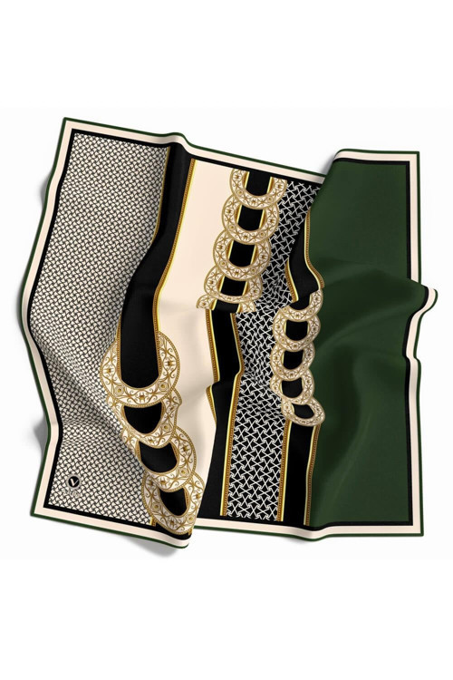 Twill Gold Kemerli Geometrik Desenli Zümrüt Yeşili Renkli 90x90 Eşarp (İpek İçermez) Kenar Dikiş Şekli El Dikişli