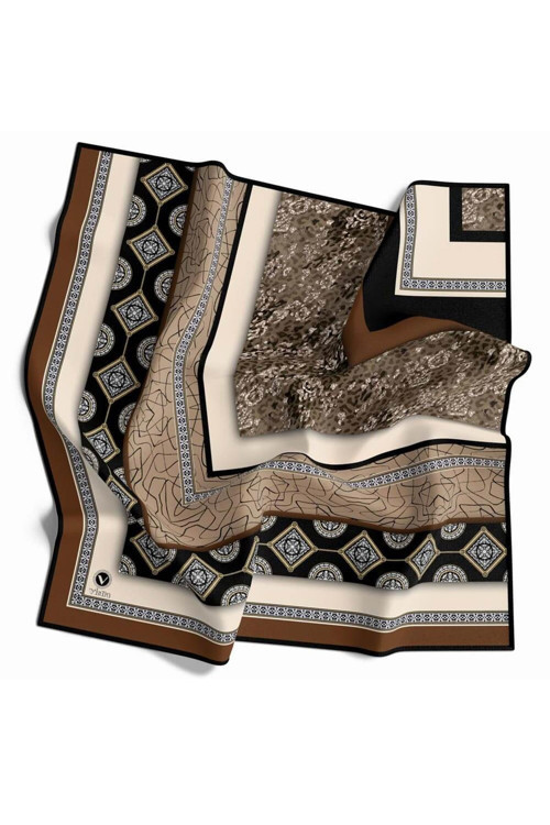 Twill Leopar ve Barok Desenli Taba Renkli 90x90 Eşarp (İpek İçermez) Dikim Şekli : El Dikişi