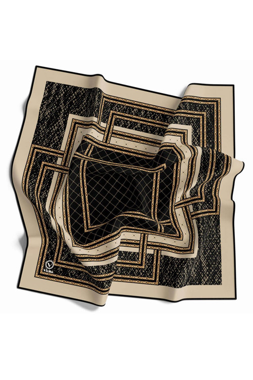 Twill Noktalı Gold Detaylı Geometrik Desenli Bej Renkli 90x90 Eşarp (İpek İçermez) Kenar Dikiş Şekli El Dikişli