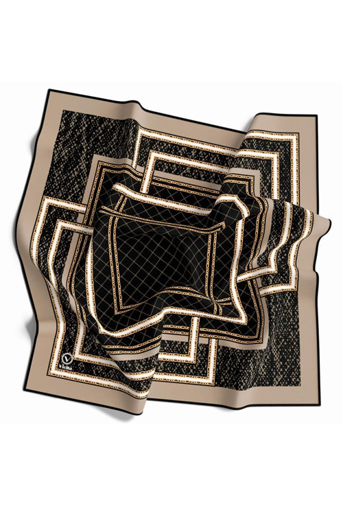 Twill Noktalı Gold Detaylı Geometrik Desenli Vizon Renkli 90x90 Eşarp (İpek İçermez) Kenar Dikiş Şekli El Dikişli