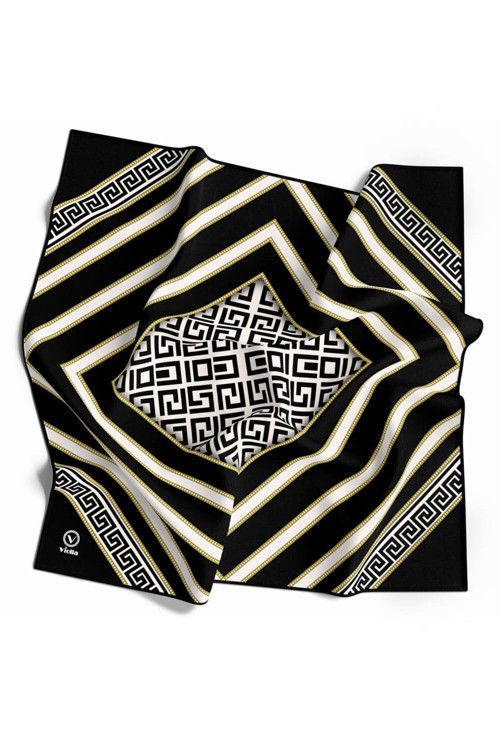 Twill Gold Çerçeveli Antik Desenli Siyah Renkli 90x90 Eşarp (İpek İçermez) Kenar Dikiş Şekli El Dikişli