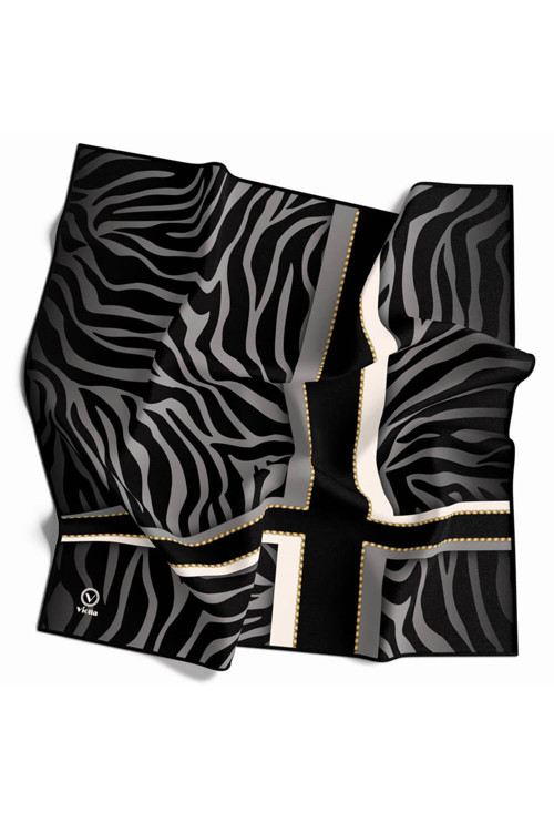 Twill Zebra Desenli Siyah - Gri Renkli 90x90 Eşarp (İpek İçermez) Dikim Şekli : El Dikişi