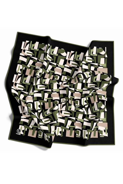Twill Geometrik Desenli Haki Yeşili - Bej Renkli 90x90 Eşarp (İpek İçermez) Dikim Şekli : El Dikişi
