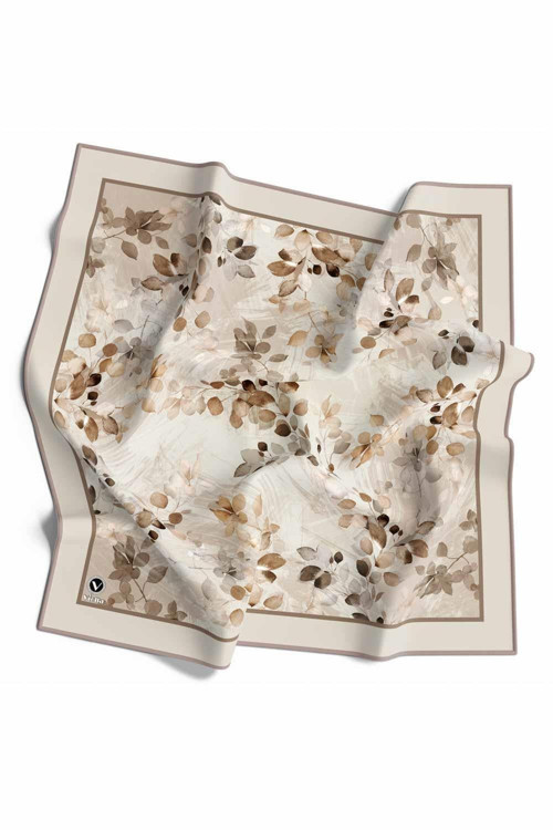Twill Çiçek Desenli Bej - Bej Renkli 90x90 Eşarp (İpek İçermez) Dikim Şekli : El Dikişi