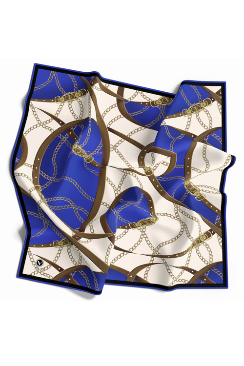 Twill Kemer ve Zincir Desenli Saks Renkli 90x90 Eşarp (İpek İçermez) Kenar Dikiş Şekli El Dikişli