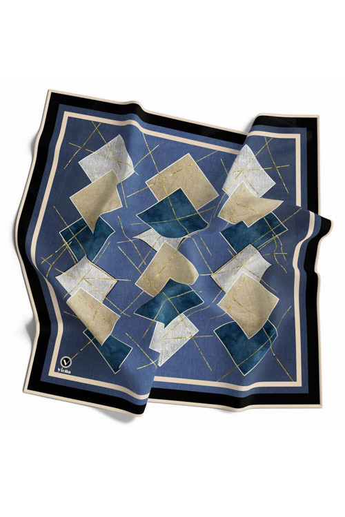 Twill Geometrik Desenli İndigo Renkli 90x90 Eşarp (İpek İçermez) Kenar Dikiş Şekli El Dikişli