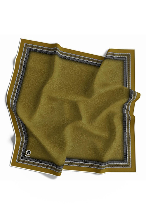 Twill Bordürlü ve Deri Efekti Desenli Hardal Renkli 90x90 Eşarp (İpek İçermez) Dikim Şekli : El Dikişi