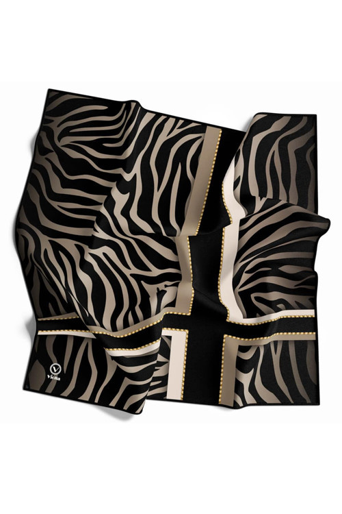 Twill Zebra Desenli Siyah - Bej Renkli 90x90 Eşarp (İpek İçermez) Dikim Şekli : El Dikişi