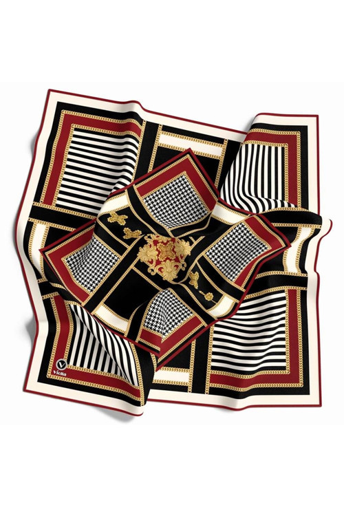 Twill Çizgi ve Barok Desenli Kırmızı Renkli 90x90 Eşarp (İpek İçermez) Kenar Dikiş Şekli El Dikişli