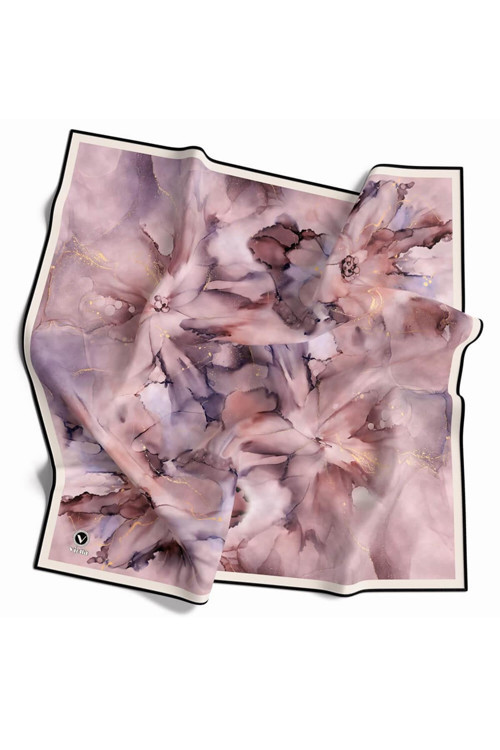 Twill Büyük Çiçek Desenli Lila Renkli 90x90 Eşarp (İpek İçermez) Kenar Dikiş Şekli El Dikişli