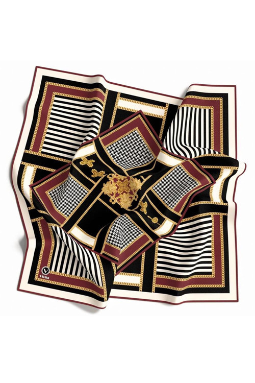 Twill Çizgi ve Barok Desenli Taba Renkli 90x90 Eşarp (İpek İçermez) Kenar Dikiş Şekli El Dikişli