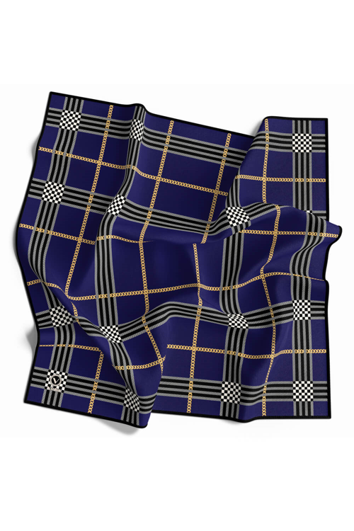 Twill Ekose Desenli Lacivert Renkli 90x90 Eşarp (İpek İçermez) Kenar Dikiş Şekli El Dikişli