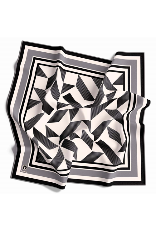 Twill Geometrik Desenli Gri Renkli 90x90 Eşarp (İpek İçermez) Kenar Dikiş Şekli El Dikişli