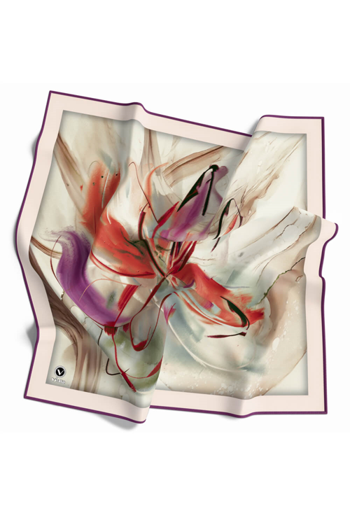 Twill Çiçek Tablo Desenli Mürdüm Renkli 90x90 Eşarp (İpek İçermez) Kenar Dikiş Şekli El Dikişli