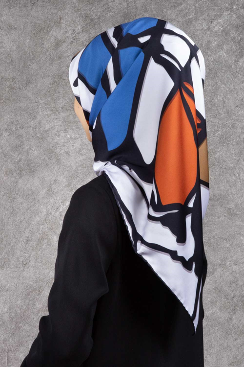 Twill Geometrik Desenli Taba - İndigo Renkli 90x90 Eşarp (İpek İçermez) Dikim Şekli : El Dikişi