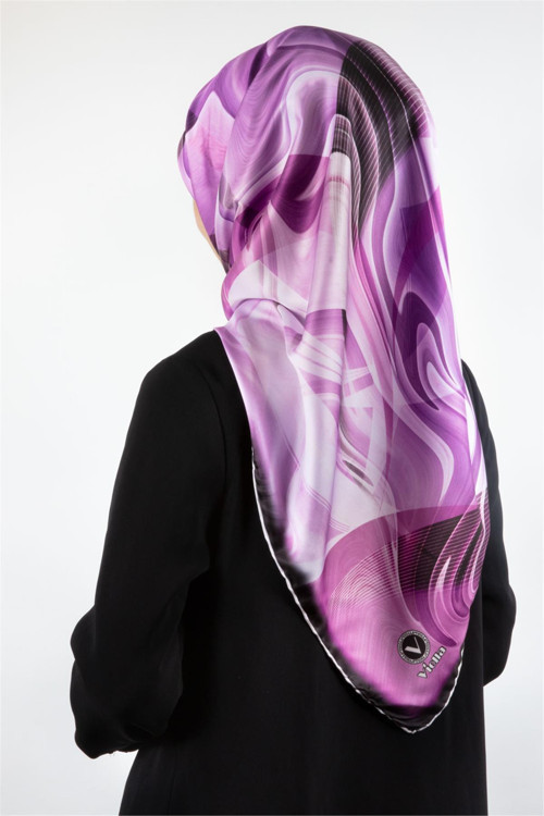 Twill Soyut Dalga Desenli Mor Renkli 90x90 Eşarp (İpek İçermez) Dikim Şekli : El Dikişi