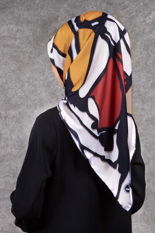 Twill Geometrik Desenli Bordo - Bej Renkli 90x90 Eşarp (İpek İçermez) Dikim Şekli : El Dikişi