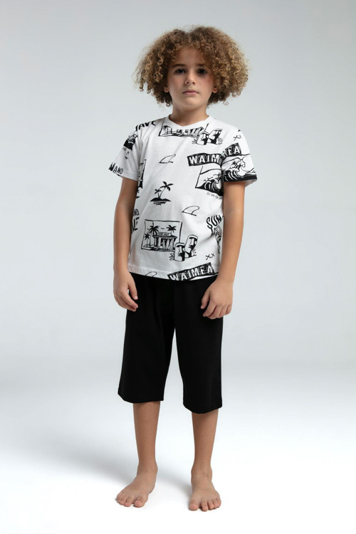 Premium Erkek Çocuk Desenli Pamuklu Regular Rahat Kesim Kısa Kol Kapri Pijama Takım