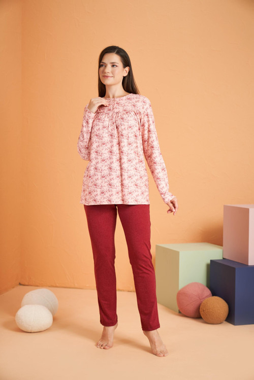 Gd Goldoremi Premium Kadın Rahat Kesim Yuvarlak Yaka Çiçek Desenli Düğmeli Uzun Kollu Pijama Takım