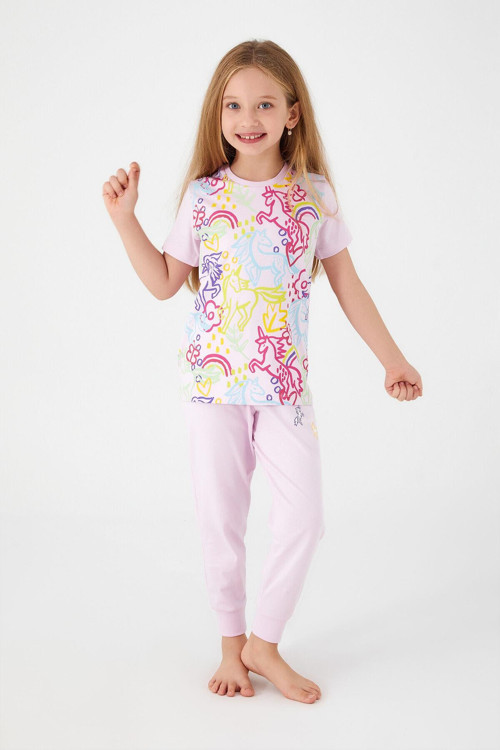 Premium Kız Çocuk Unicorn Magic Pamuklu Rahat Kalıp Kısa Kollu Pijama Takım