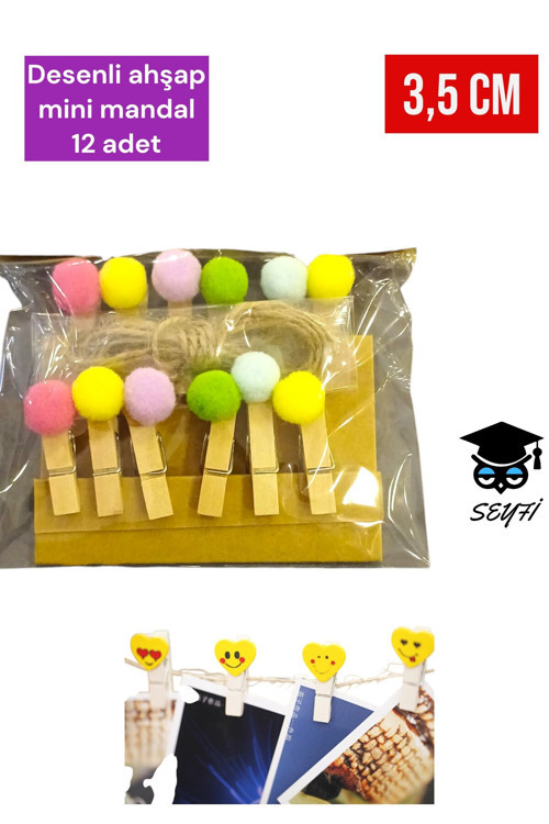 Desenli ahşap mini mandal 12 adet 3,5 cm süsleme mandalı