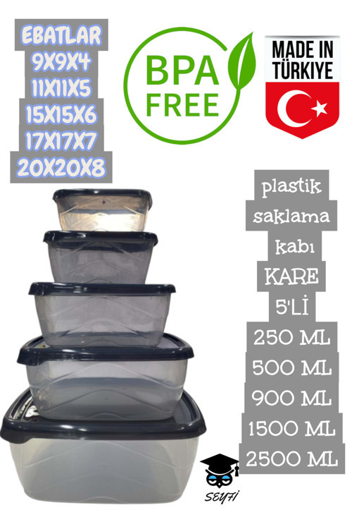 plastik saklama kabı KARE 5'Lİ 250 ML 500 ML 900 ML 1500 ML 2500 ML