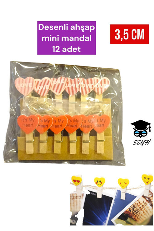 Desenli ahşap mini mandal 12 adet 3,5 cm süsleme mandalı
