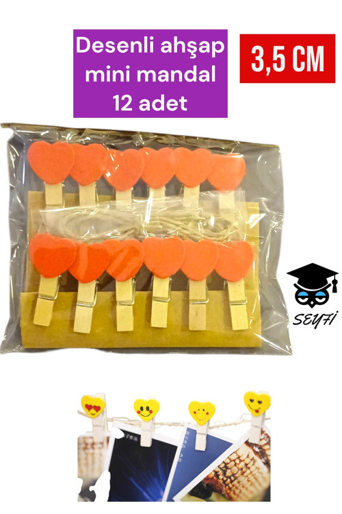 Desenli ahşap mini mandal 12 adet 3,5 cm süsleme mandalı
