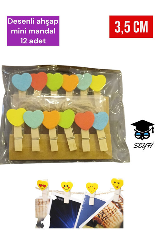 Desenli ahşap mini mandal 12 adet 3,5 cm süsleme mandalı
