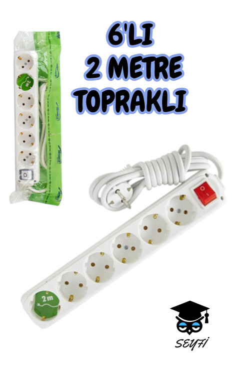 Grup Priz Topraklı 6'lı 2 metre Anahtarlı Uzatma Kablosu