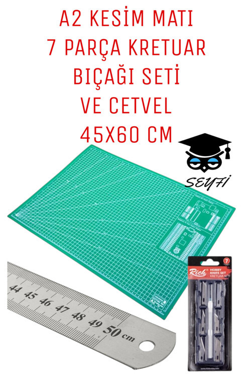 45X60 CM A2 KESİM MATI SETİ 50 CM CETVEL VE 7 PARÇA KRETUAR BIÇAĞI SETİ