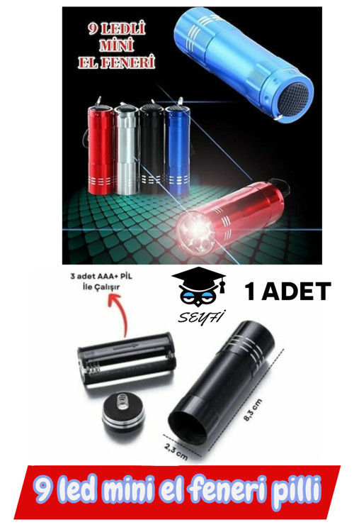 9 led mini el feneri pilli 1 adet karışık renk yollanmaktadır