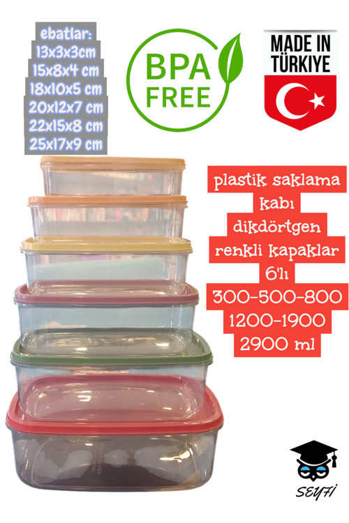 plastik saklama kabı dikdörtgen renkli kapaklar 6'lı 300-500-800-1200-1900-2900 ml