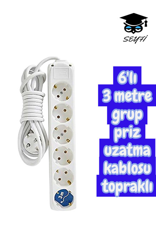 6'lı 3 metre grup priz uzatma kablosu topraklı