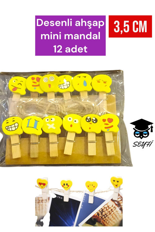 Desenli ahşap mini mandal 12 adet 3,5 cm süsleme mandalı