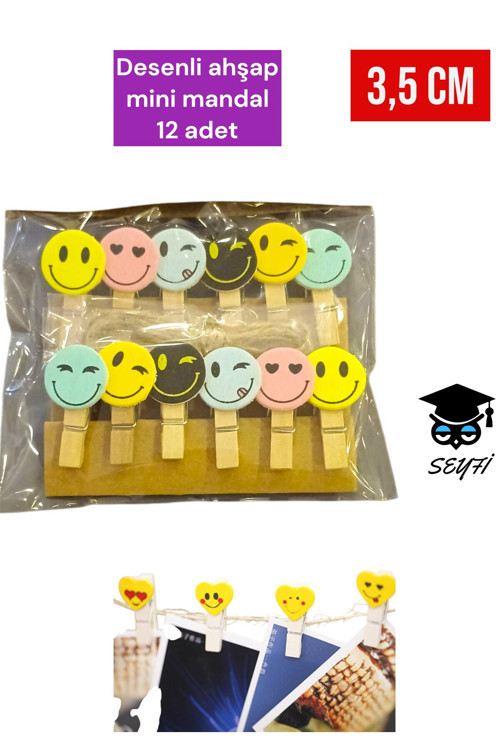 Desenli ahşap mini mandal 12 adet 3,5 cm süsleme mandalı