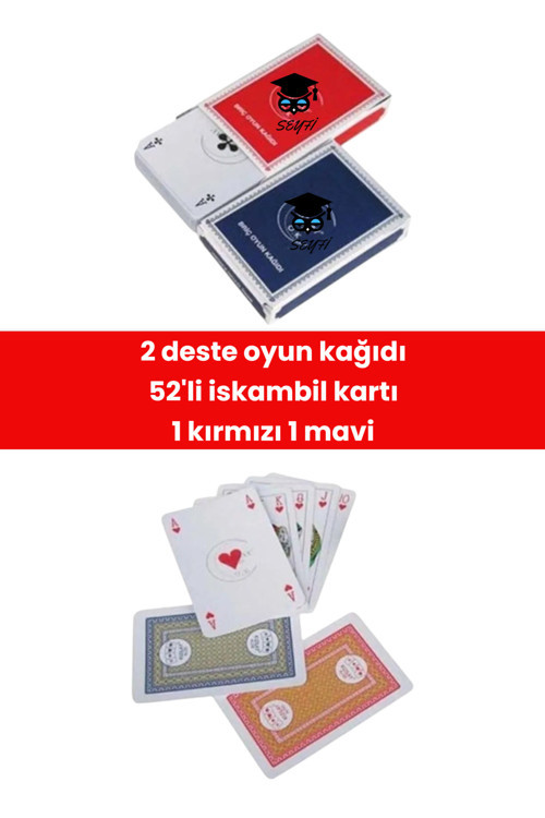 2 deste oyun kağıdı 52'li iskambil kartı 1 kırmızı 1 mavi