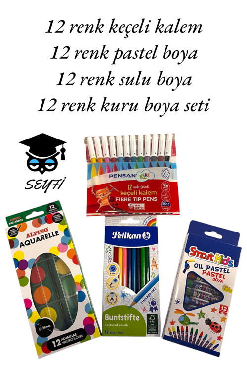 12 renk keçeli kalem 12 renk pastel boya 12 renk sulu boya 12 renk kuru boya set-1