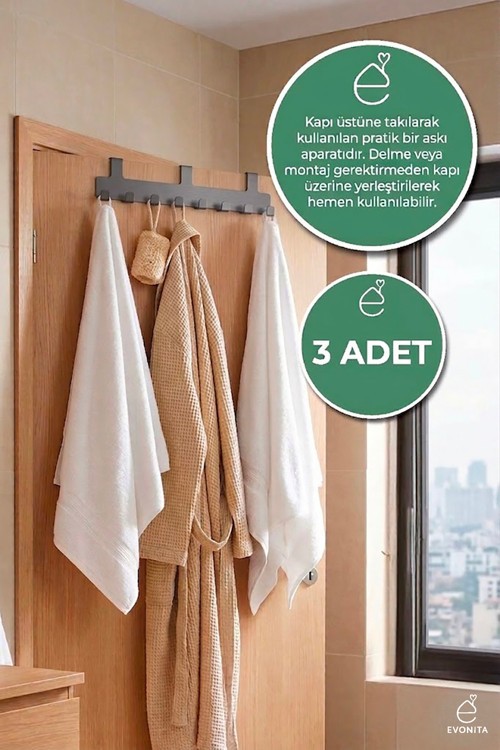 Kapı Arkası Askılık 8'li Askı Aparatı Banyo Havlu Askısı Düzenleyici Organizer 3'lü Set