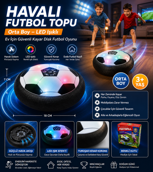 Havalı Futbol Topu Orta Boy LED Işıklı Ev İçin Güvenli Kayar Disk Futbol Oyunu