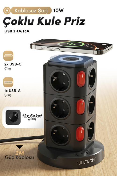 FTR-15 Power Tower Dikey Priz | 12’li Çoklu Soket, 10W Kablosuz Şarj, 3680W Güç, USB Çıkışl